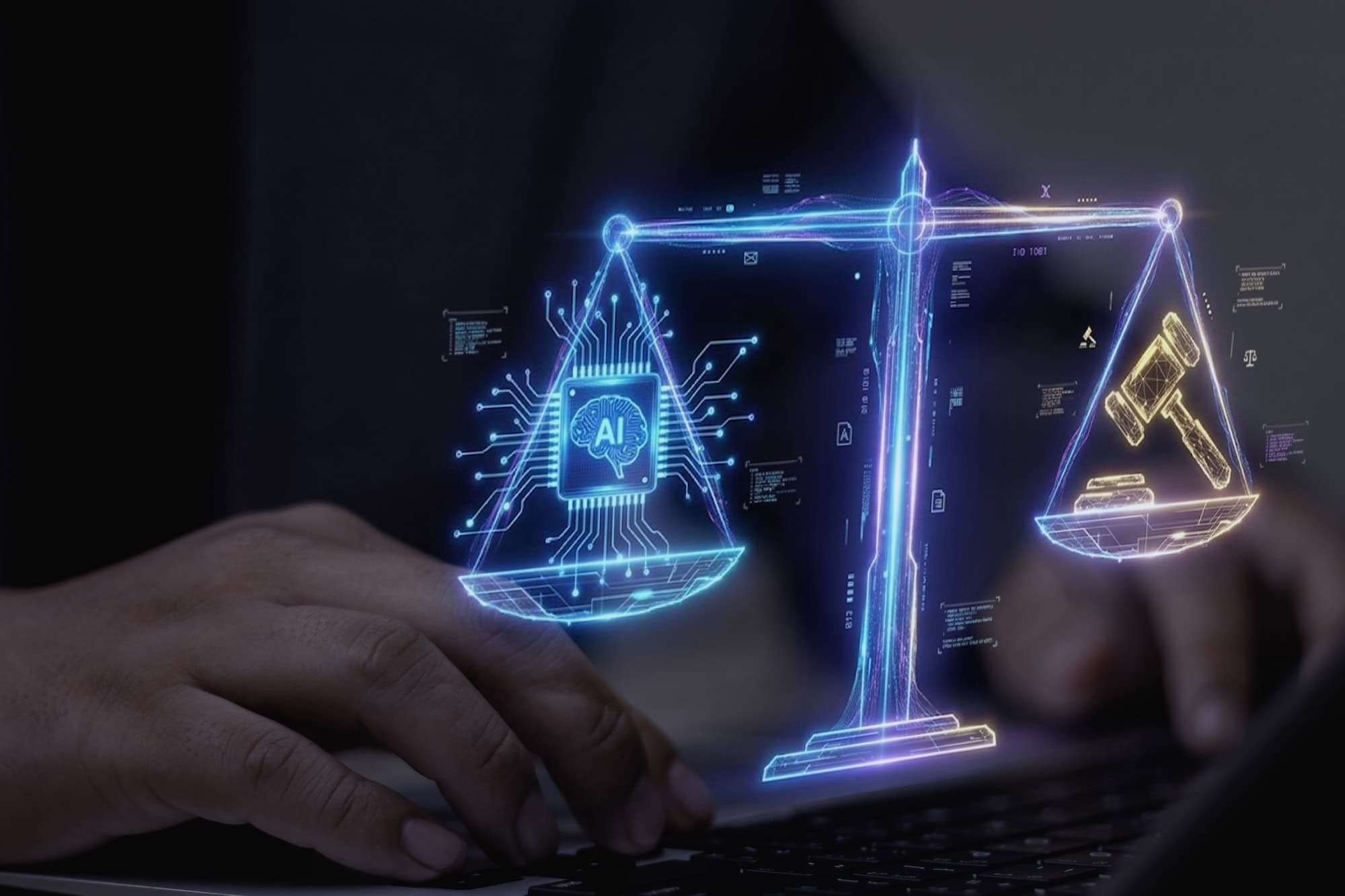 Concept image showing artificial intelligence and law, with an AI processor and judge's gavel balanced on scales of justice, symbolising the impact of AI on tenancy tribunal applications and legal proceedings.