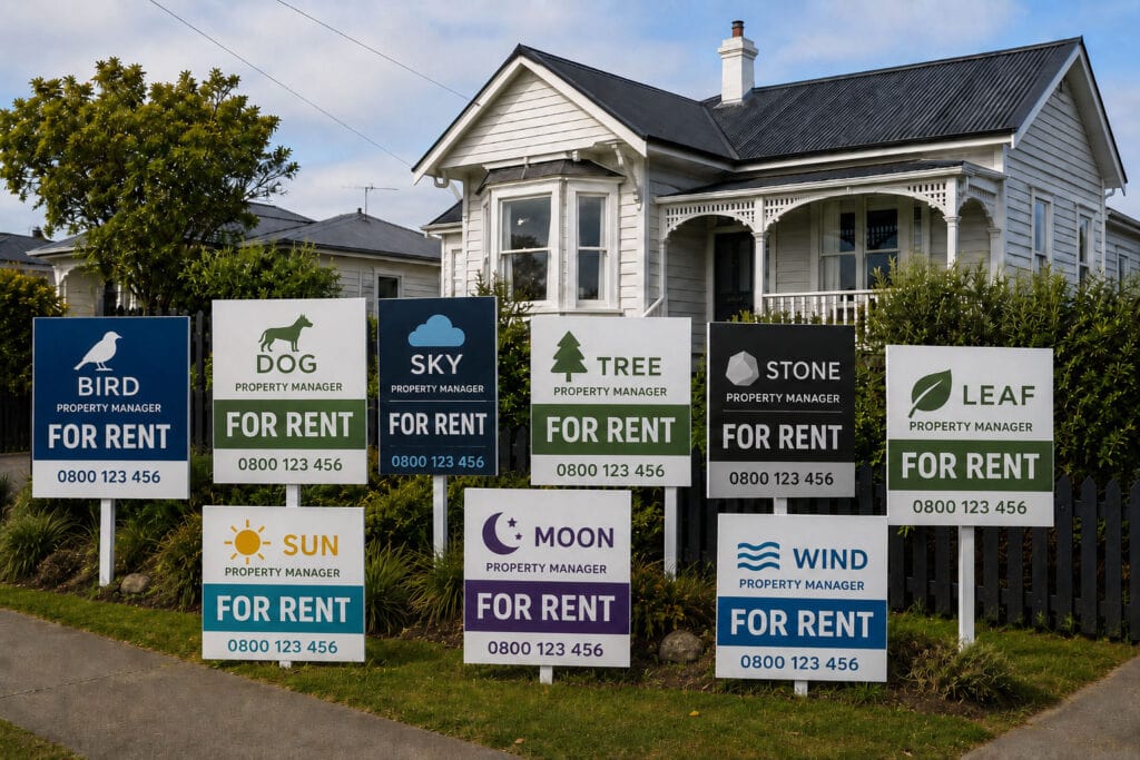 New Zealand house with multiple fictional property management For Rent signs displayed across the front lawn.